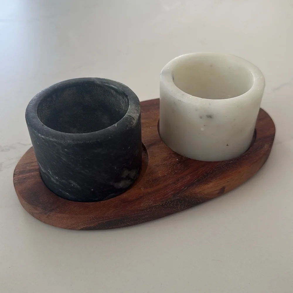 Marble Salt And Pepper Holders on Wooden Tray